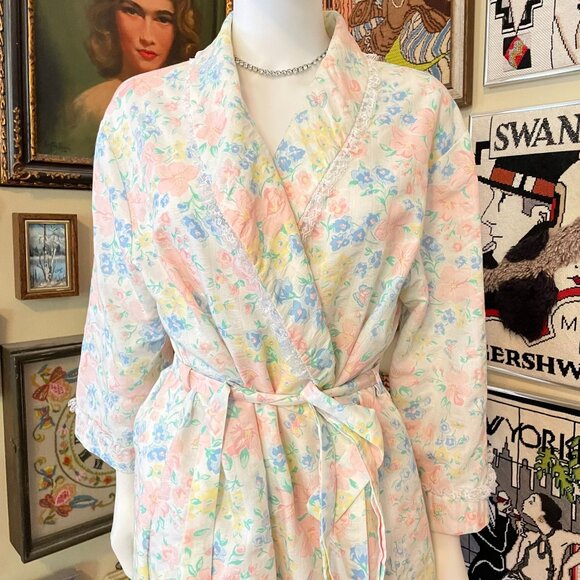 80s Vintage Apostrophe Silky Floral Pastel Robe With Belt Size XL - Picture 2 of 5